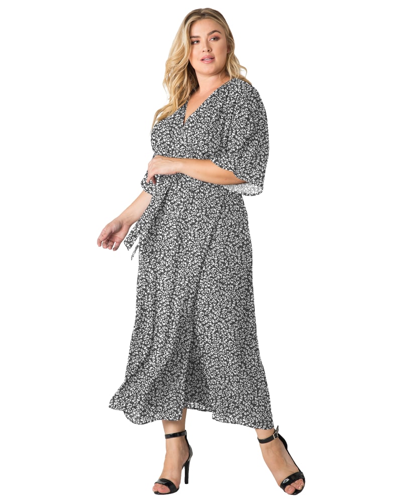 Front of a model wearing a size 1X Aubrey Kimono Wrap Maxi Dress in Smoke Leopard by Standards & Practices. | dia_product_style_image_id:280516